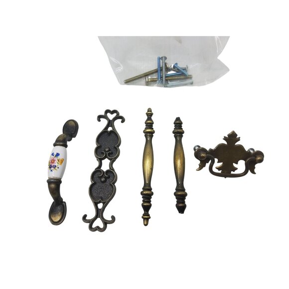 Vintage Brass & Ceramic Drawer Pulls Set With Floral Design & Mounting Screws - Picture 2 of 3